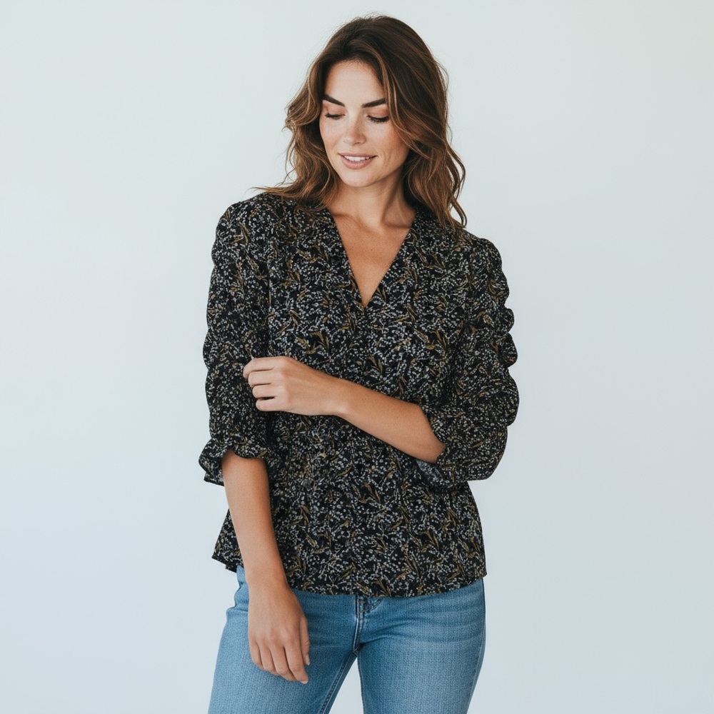 White House Black Market Patterned Blouse with Gold Accents